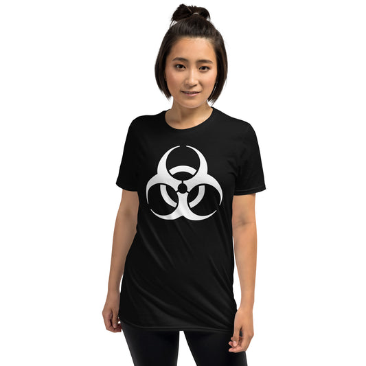 White Biohazard Symbol design on unisex T-shirt, front view