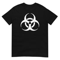 White Biohazard Symbol design on unisex T-shirt, front view