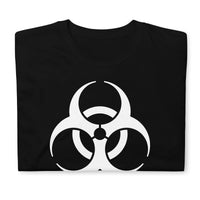 White Biohazard Symbol design on unisex T-shirt, front view