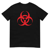 Red Biohazard Symbol design on unisex T-shirt, front view