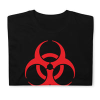 Red Biohazard Symbol design on unisex T-shirt, front view