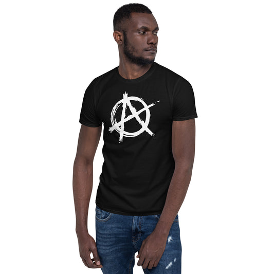 White Anarchy Symbol design on unisex T-shirt, front view