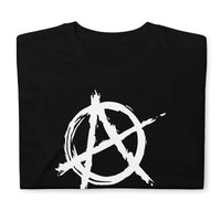 White Anarchy Symbol design on unisex T-shirt, front view