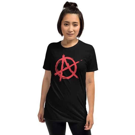 Red Anarchy Symbol design on unisex T-shirt, front view