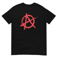 Red Anarchy Symbol design on unisex T-shirt, front view