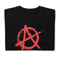 Red Anarchy Symbol design on unisex T-shirt, front view