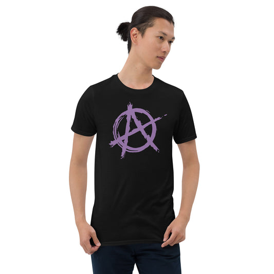 Purple Anarchy Symbol design on unisex T-shirt, front view