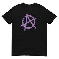Purple Anarchy Symbol design on unisex T-shirt, front view