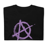 Purple Anarchy Symbol design on unisex T-shirt, front view