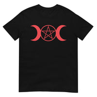 Red Triple Moon Goddess design on unisex T-shirt, front view