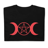 Red Triple Moon Goddess design on unisex T-shirt, front view