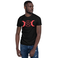 Red Triple Moon Goddess design on unisex T-shirt, front view
