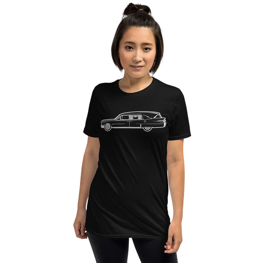 Classic Funeral Hearse design on unisex T-shirt, front view
