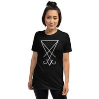 White Sigil of Lucifer design on unisex T-shirt, front view