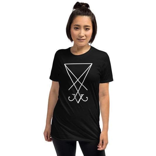 White Sigil of Lucifer design on unisex T-shirt, front view