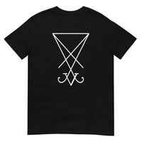 White Sigil of Lucifer design on unisex T-shirt, front view