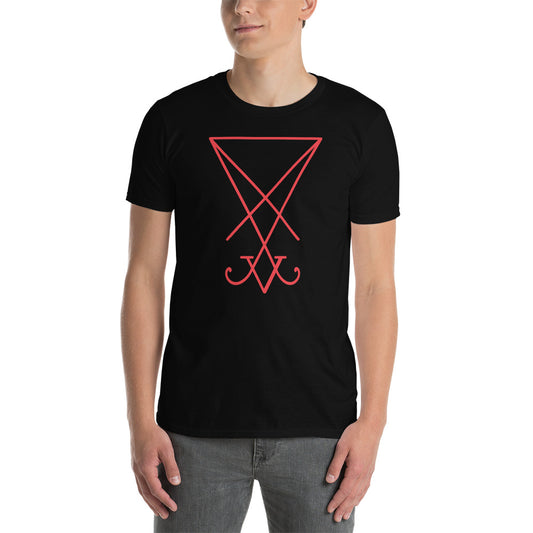 Red Sigil of Lucifer design on unisex T-shirt, front view