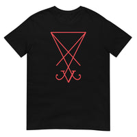 Red Sigil of Lucifer design on unisex T-shirt, front view