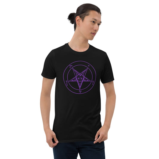 Purple Sigil of Baphomet design on unisex T-shirt, front view