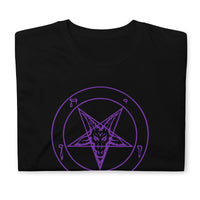Purple Sigil of Baphomet design on unisex T-shirt, front view
