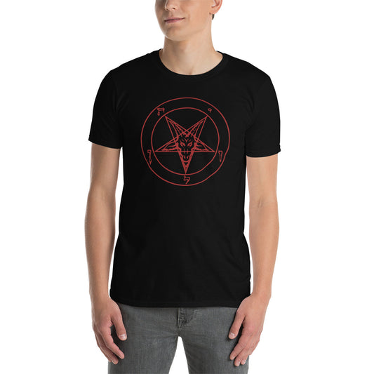 Red Sigil of Baphomet design on unisex T-shirt, front view