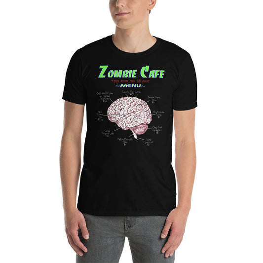Zombie Cafe Brains Menu design on unisex T-shirt, front view