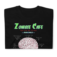 Zombie Cafe Brains Menu design on unisex T-shirt, front view
