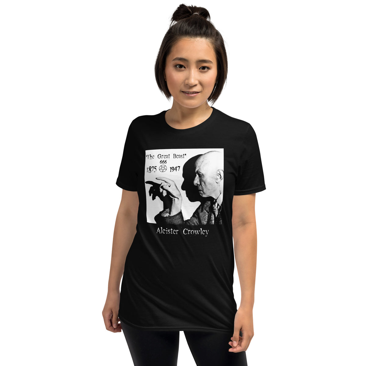 Aleister Crowley design on unisex T-shirt, front view