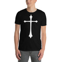 White Medieval Cross design on unisex T-shirt, front view