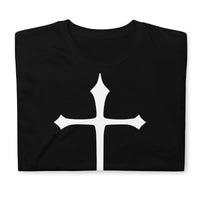 White Medieval Cross design on unisex T-shirt, front view