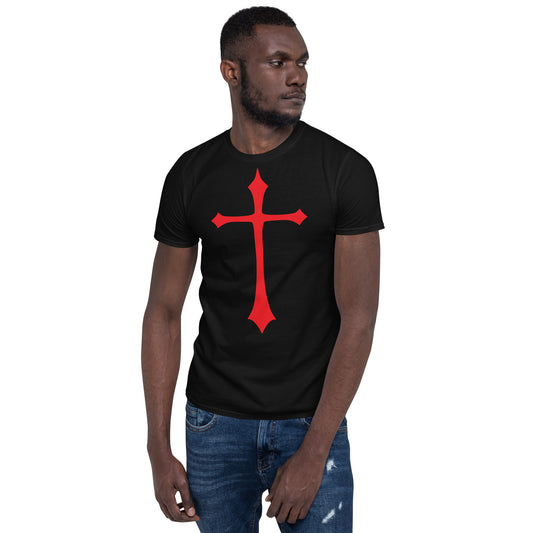 Red Medieval Cross design on unisex T-shirt, front view