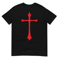 Red Medieval Cross design on unisex T-shirt, front view