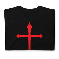 Red Medieval Cross design on unisex T-shirt, front view