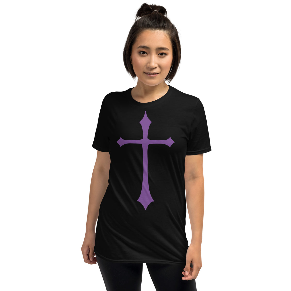 Purple Medieval Cross design on unisex T-shirt, front view