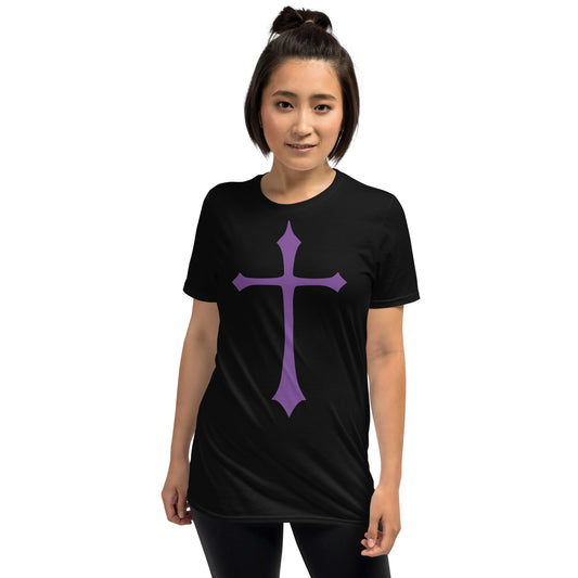 Purple Medieval Cross design on unisex T-shirt, front view