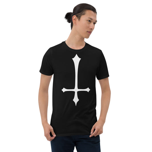 White Inverted Cross design on unisex T-shirt, front view