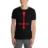 Red Inverted Cross design on unisex T-shirt, front view