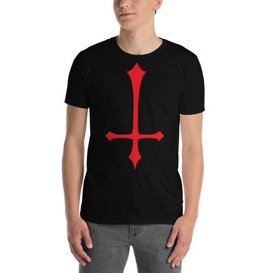Red Inverted Cross design on unisex T-shirt, front view