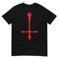 Red Inverted Cross design on unisex T-shirt, front view