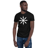 White Chaos Star design on unisex T-shirt, front view