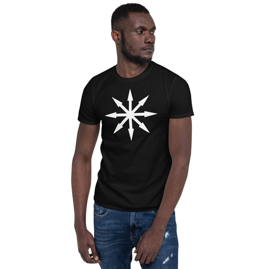 White Chaos Star design on unisex T-shirt, front view