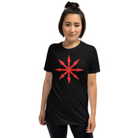 Red Chaos Star design on unisex T-shirt, front view