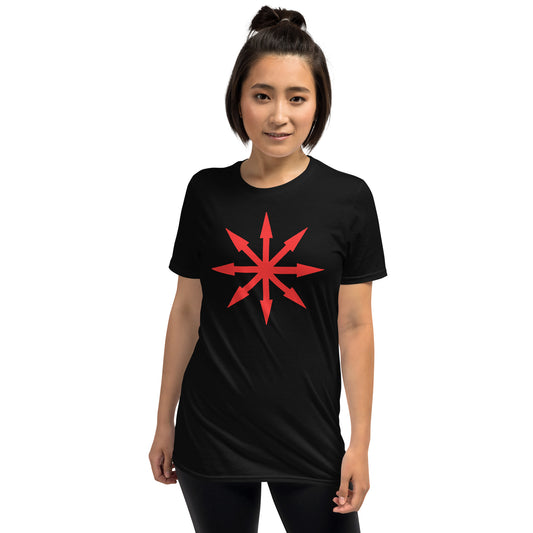 Red Chaos Star design on unisex T-shirt, front view