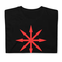 Red Chaos Star design on unisex T-shirt, front view