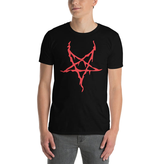 Red Melting Inverted Pentagram design on unisex T-shirt, front view
