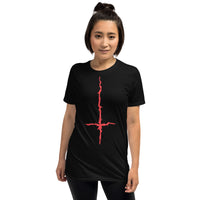 Red Melting Inverted Cross design on unisex T-shirt, front view