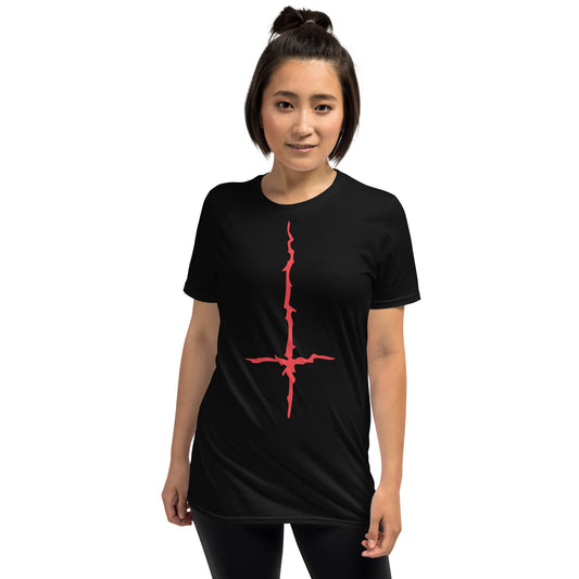 Red Melting Inverted Cross design on unisex T-shirt, front view