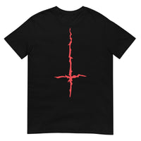 Red Melting Inverted Cross design on unisex T-shirt, front view