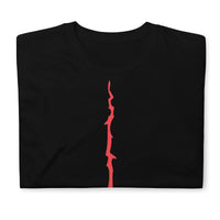 Red Melting Inverted Cross design on unisex T-shirt, front view