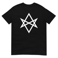 White Unicursal Hexagram design on unisex T-shirt, front view